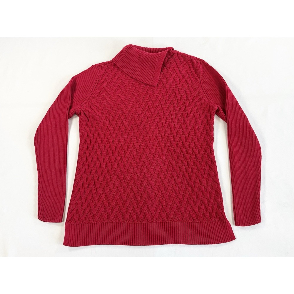 Lands End Womens Sweater M Medium Red Basketweave Knit Funnel Neck Pullover Top
